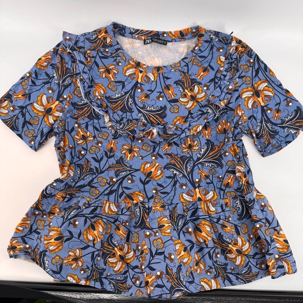 Zara Exaggerated Ruffle Floral Print Blouse Top Short Sleeve Blue Orange Medium